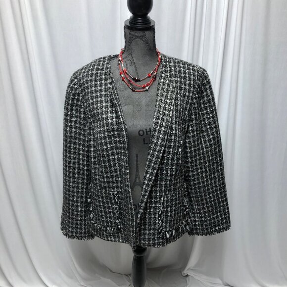 George Jacket Womens Size 16W Black White Plaid Fringed Open Front Blazer Office - Picture 1 of 7